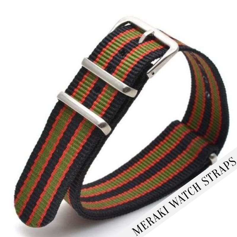 Black & Double Red/olive Stripe - 18Mm Nato Watch Strap