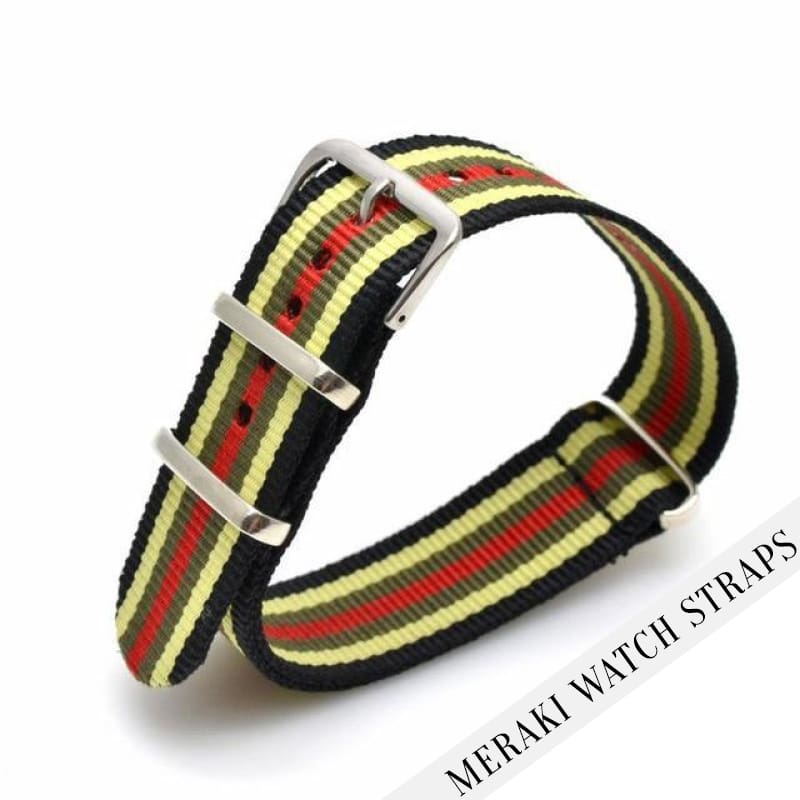 Black & Light Yellow/olive/red Stripe - 20Mm Nato Watch Strap