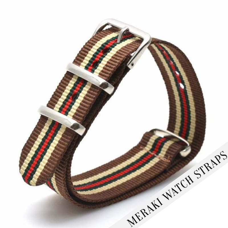 Brown & Tan/green/red Stripe - 16Mm Nato Watch Strap