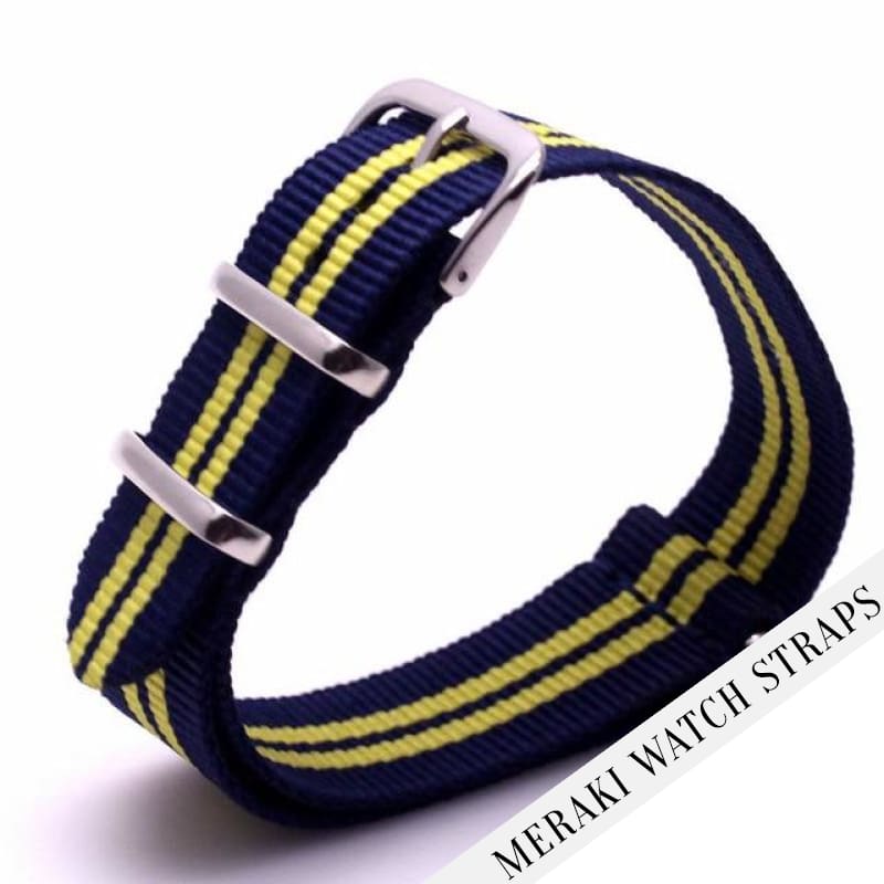 Navy & Double Light Yellow Stripe - 20Mm Nato Watch Strap